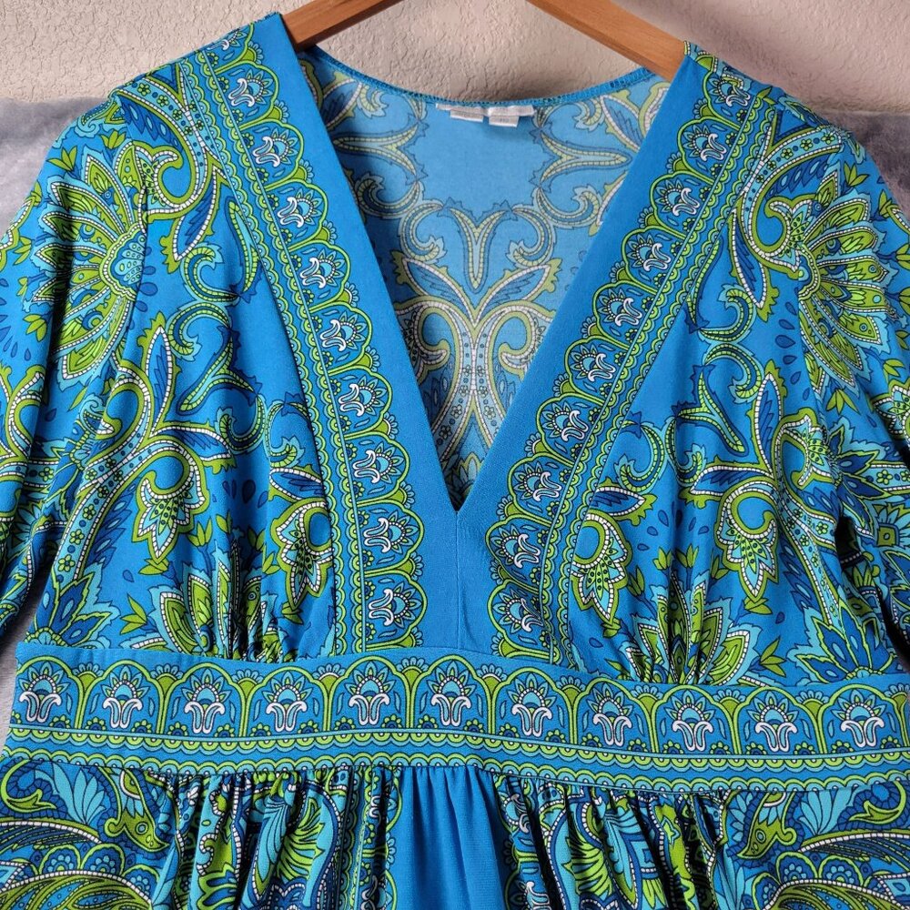 London Times Womens 10 Blue Green Paisley Babydoll Y2K Boho Retro Midi Dress - Picture 7 of 10